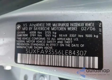 2006 BMW X5 4.8Is from USA, damaged, VIN 5UXFA93556LE84307